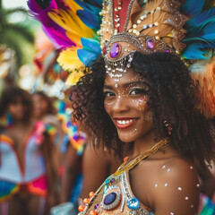 A woman wearing a colorful costume and a headdress is smiling at the Rio Carnival in Brazil
