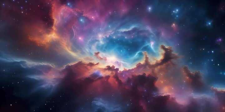 Vibrant cosmic nebula, showcasing swirling clouds of gas and dust illuminated by stars in deep space, AI generated 4k, loop video.