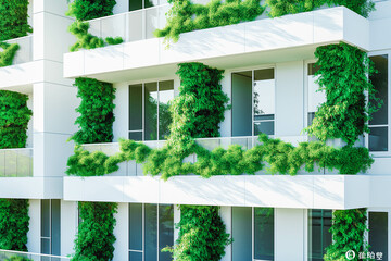 White modern residential building with green plant walls. Sustainable living, ecology and green urban environment concept