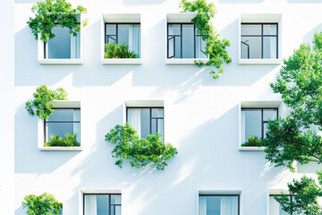 White modern residential building with green plant walls. Sustainable living, ecology and green...