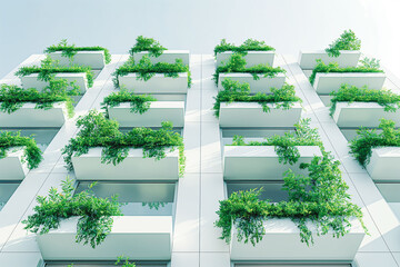 White modern residential building with green plant walls. Sustainable living, ecology and green...
