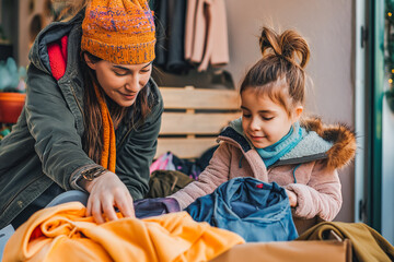 Woman and child sorting clothes and packing into cardboard box. Donations for charity, help low income families, declutter home, sell online, moving moving into new home, recycling, sustainable living