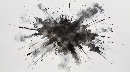 An explosion concept painting. An explosion of black ink on a white canvas.