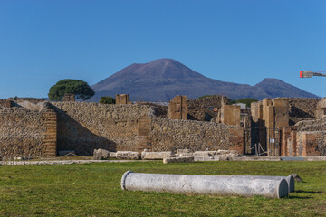 Meadow with white column in the ruins of Pompei with view at volcano Mount Vesuvius, Pompeii, Campania, Italy