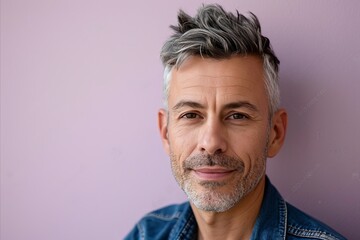 Portrait of a handsome middle-aged man with grey hair and gray eyes, wearing a denim jacket, posing against a purple background