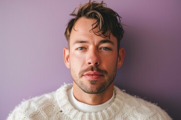 Portrait of a handsome young man in a white sweater on a purple background