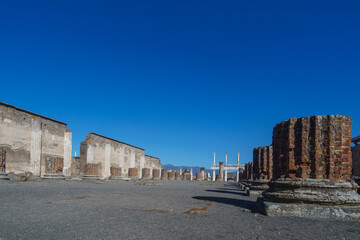 View of the ruins of the Forum on a sunny day with clear blue sky, Pompeii, Campania, Italy