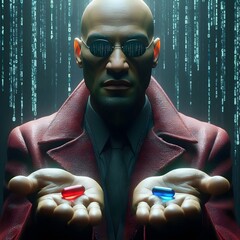 Recreate the front view from The Matrix , a man holds a red pill in one palm and his other palm had a blue bead asking for a choice.
