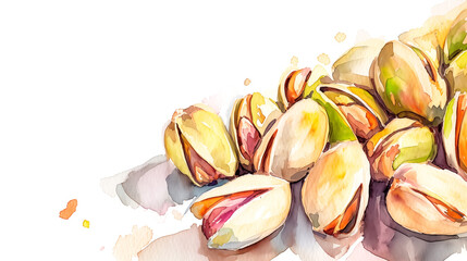 Heap of pistachio nuts on white background in the style of a watercolor drawing. - obrazy, fototapety, plakaty