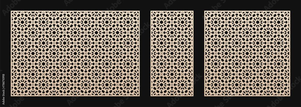 Poster decorative panels for laser cut. vector stencils with abstract geometric pattern, mesh, lattice, flo