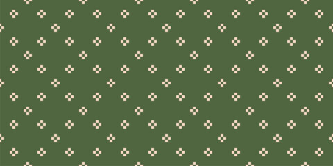 Vector geometric floral seamless pattern. Simple abstract minimalist ornament texture with small crosses, flower silhouettes, squares, dots. Green and beige minimal background. Repeated vintage design - 786710915