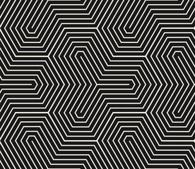Dark modern vector geometric seamless pattern with thin lines, hexagons, quirky stripes. Black and white abstract background. Simple trendy minimalist linear texture. Repeated monochrome geo design