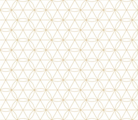 Modern minimalist vector geometric seamless pattern with thin lines, hexagons, triangles, circles, grid. White and gold abstract background. Simple linear texture. Subtle golden repeated geo design