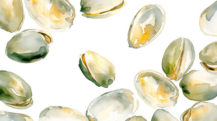 Scattered pistachios on a white background as food illustration. Imitation of a watercolor drawing. - obrazy, fototapety, plakaty