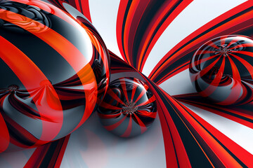 Bold stripes of fiery red and deep black swirl around geometric orbs, creating a visually captivating pattern set against a crisp white background.