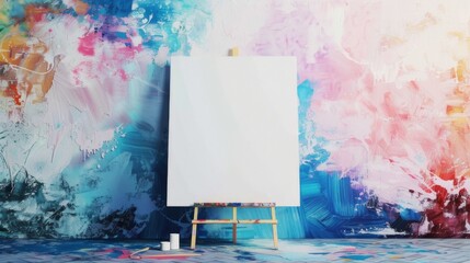 A mock-up of a blank canvas ready for painting against the backdrop of a colorful wall. Blue and pink walls.