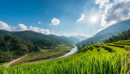 A beautiful rice paddy terraces in the mountains with a river running thru the valley