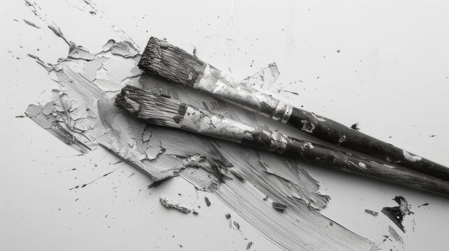 Two dirty paintbrushes on a painting canvas with gray dry watercolor paint on it. Two used paintbrushes.