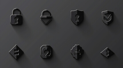 Cybersecurity Black Icon Set Vector illustration : Padlock, Shield, Verified, Document Folder - obrazy, fototapety, plakaty