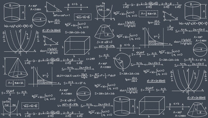 School-themed background with geometric formulas. Concept for going back to school or going to university. Exact sciences for technological design. Geometry and algebra.