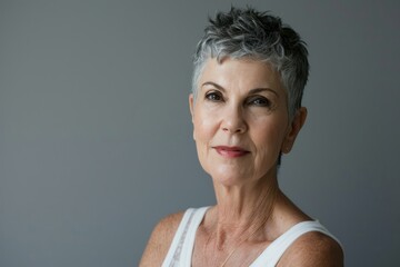 Portrait of a beautiful senior woman with short gray hair, isolated on grey background