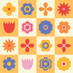 Geometric floral block seamless vector pattern. Checkered print with retro flower illustrations. Repeat background design. 