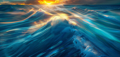 Sunrise illuminating a tropical paradise, casting dynamic shadows on the rippling azure waves - obrazy, fototapety, plakaty