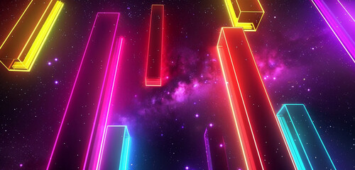 Vibrant neon-hued rectangles dance in a cosmic symphony against a starlit backdrop