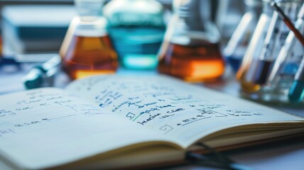 Open notebook with handwritten notes amidst laboratory glassware filled colorful liquids