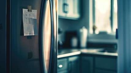 Close-up of refrigerator door with note attached, kitchen background softly blurred - obrazy, fototapety, plakaty