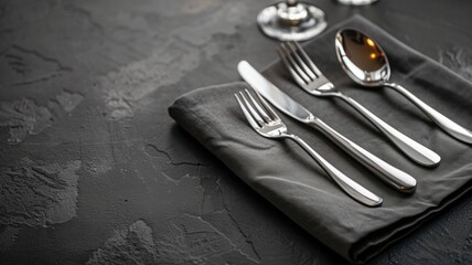 Elegant table setting with silverware and napkin on dark textured surface