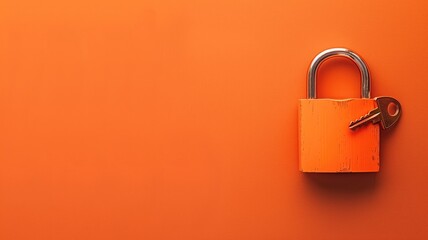 Naklejka premium Silver padlock with key on orange background