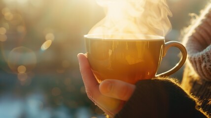 Person holding steaming cup in sunlight - obrazy, fototapety, plakaty