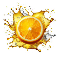 Half sliced orange with water splash on a white and transparent background
