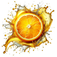 Half sliced orange with water splash on a white and transparent background