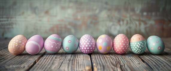 Vibrant collection of decorated Easter eggs sits upon rustic wooden plank - 786714103