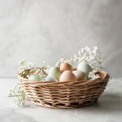 Nest of soft colored speckled Easter eggs lies among delicate blossoms and feathers - 786714105
