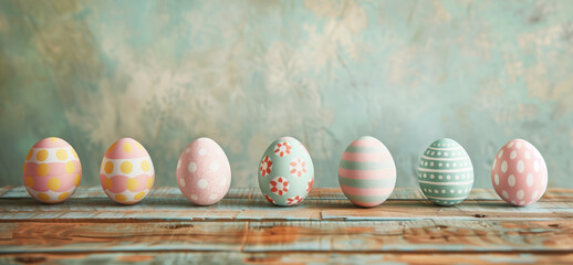 Vibrant collection of decorated Easter eggs sits upon rustic wooden plank - obrazy, fototapety, plakaty