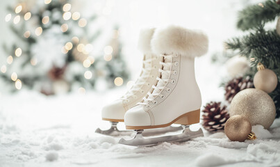 new white ice skates with festive holiday decor, winter joy concept