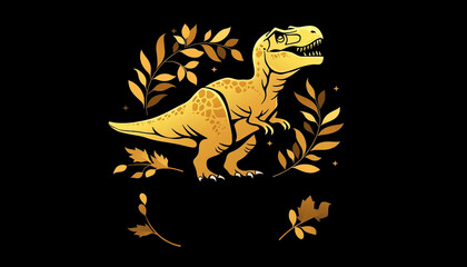 Fototapeta premium Gold T-Rex Logo Surrounded by Laurels on a Black Background