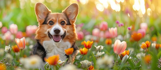 Cute funny dog in spring flowers, pink, white and yellow tulips. spring and summer season of flowering and allergies. - 786714186