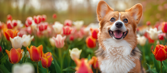 Cute funny dog in spring flowers, pink, white and yellow tulips. spring and summer season of flowering and allergies.