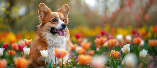 Cute funny dog in spring flowers, pink, white and yellow tulips. spring and summer season of flowering and allergies. - 786714193