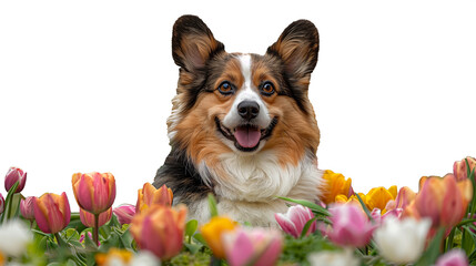 Cute funny dog in spring flowers, pink, white and yellow tulips. spring and summer season of flowering and allergies. - 786714196