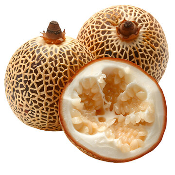  A realistic photo of a fresh cupuacu fruit, its brown, hairy exterior cut open to reveal the white creamy pulp, isolated on a Transparent background, PNG Cutout