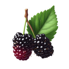 Two ripe mulberries on a white and transparent background