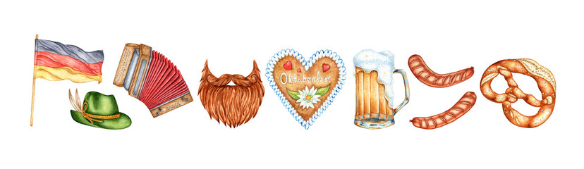 Set of watercolor illustrations of a mug with beer, pretzel, hat, beard, accordion, Germany flag, sausages, gingerbread. Harvest festival, Oktoberfest beer festival. Compositions for posters, cards, 
