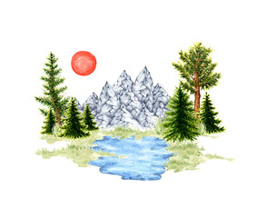 Watercolor illustration of natural landscape. Forest wildlife scene with green grass, green trees, mountain ranges, lake and sun. Create design compositions on the theme of tourism, travel, - Powered by Adobe