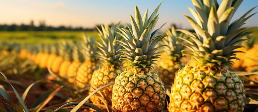 Ripe pineapple fruit ready to be harvested in the agricultural field