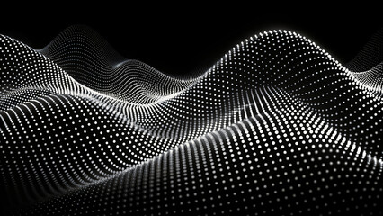 Black and white abstract wave pattern with halftone dots and curved elements on a textured backdrop - obrazy, fototapety, plakaty